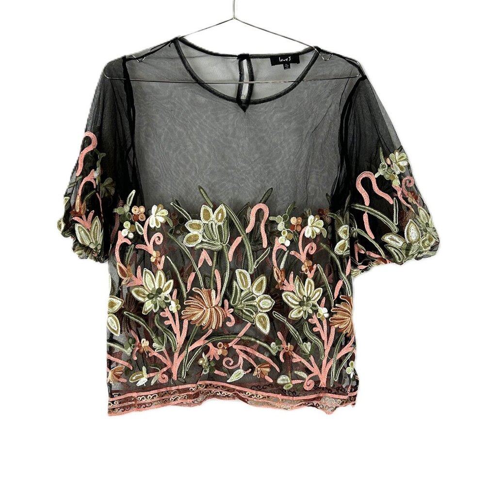 Love J Mesh Embroidered Top Puffy Sleeves Floral XL